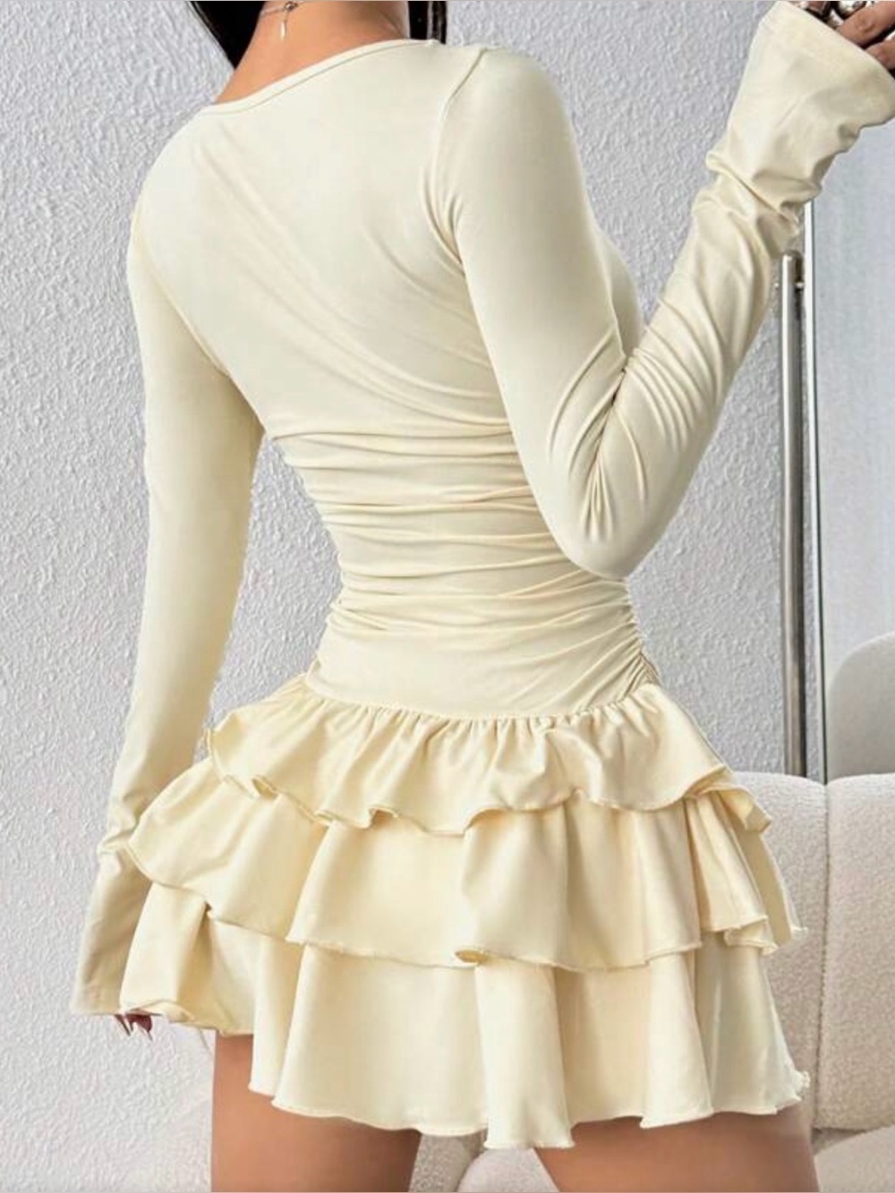 SHEIN Cream Ruched Ruffle Mini Dress – Size XS fit small